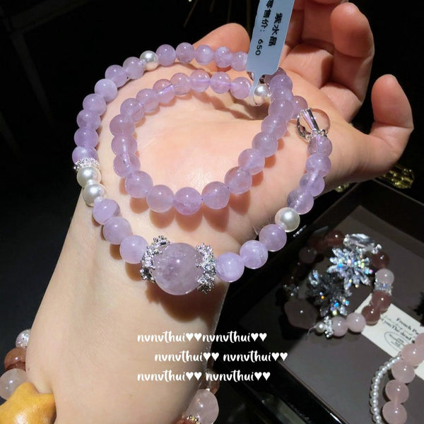 Gilded snow pollen crystal small waist bracelet with pink jade stars, lavender purple bracelet