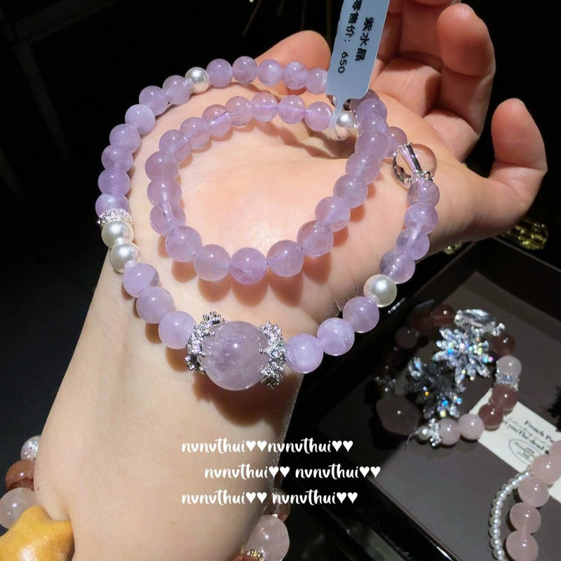 Gilded snow pollen crystal small waist bracelet with pink jade stars, lavender purple bracelet