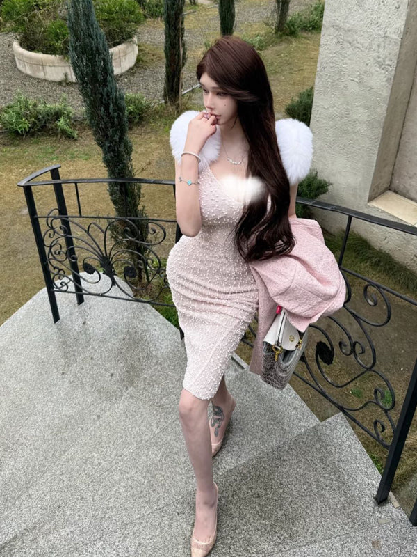 Qianjin Feng furry heavy industry conglomerate pearl dress little princess furry shoulder fashionable small dress enchanting