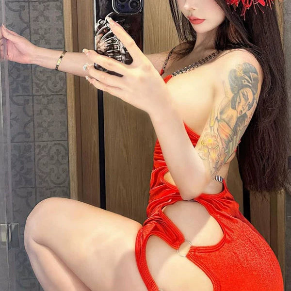 Pure lust sexy hottie hollowed-out backless suspender dress female slim and thin inside and outside wearing hip-wrapped short skirt