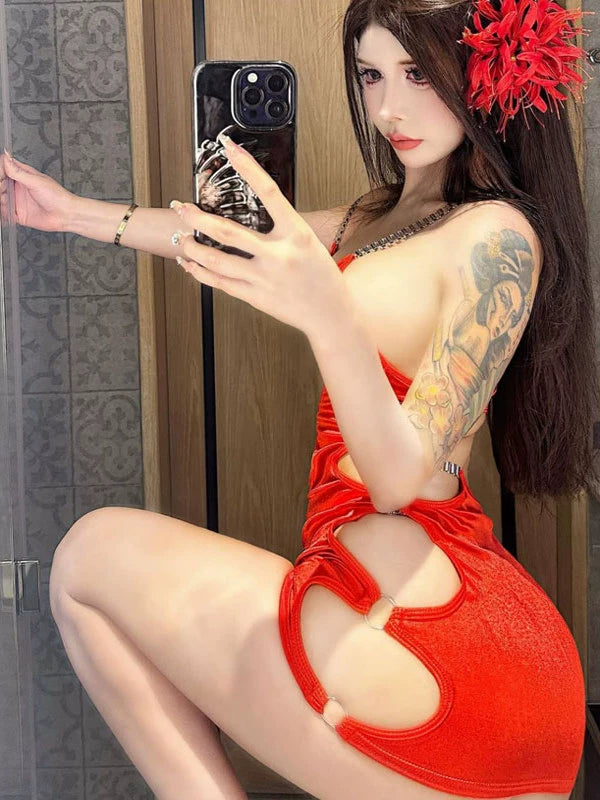 Pure lust sexy hottie hollowed-out backless suspender dress female slim and thin inside and outside wearing hip-wrapped short skirt