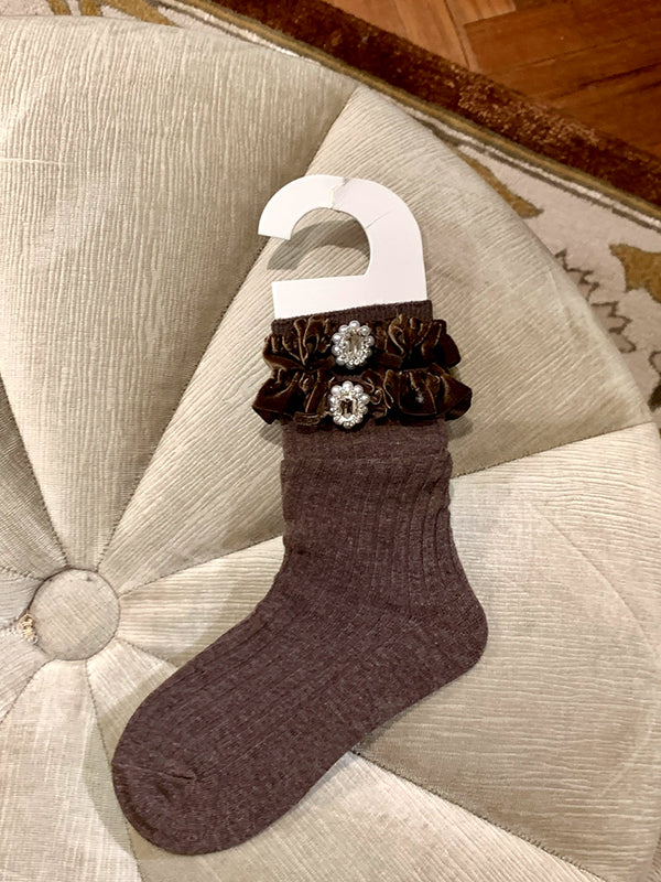 Fashion niche socks women's medium tube gray stacking socks women's autumn and winter pearl lace socks with Birkenstocks