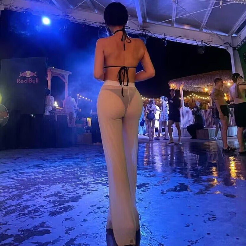 Hot Girl Sexy Perspective Reveals Dopamine Temptation Mesh Pants Versatile Elastic Bellbottom Pants