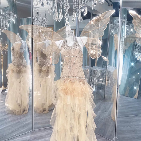 Heavy industry rhinestone fringed mesh slightly transparent irregular skirt court evening dress