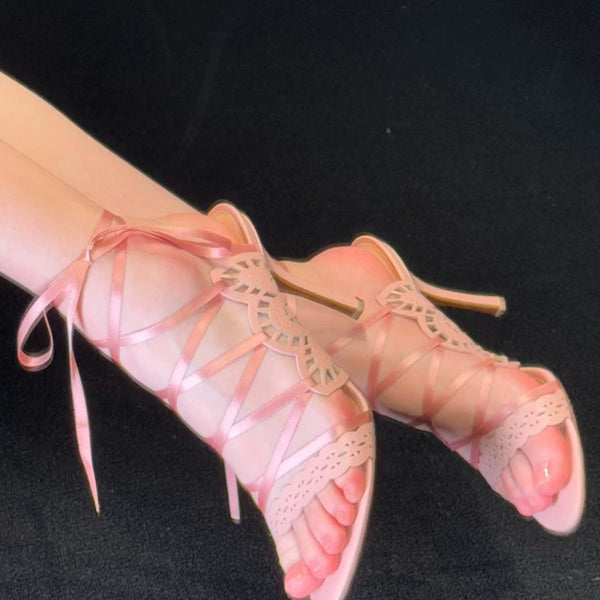 Medieval fairy style cross strap high heels new arrivalfrench stiletto cut outprinting beautiful sandals