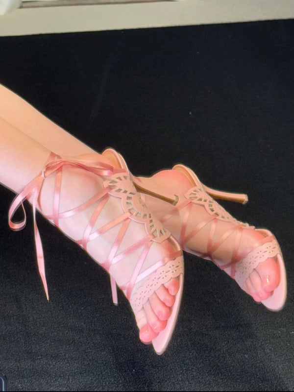 Medieval fairy style cross strap high heels new arrivalfrench stiletto cut outprinting beautiful sandals