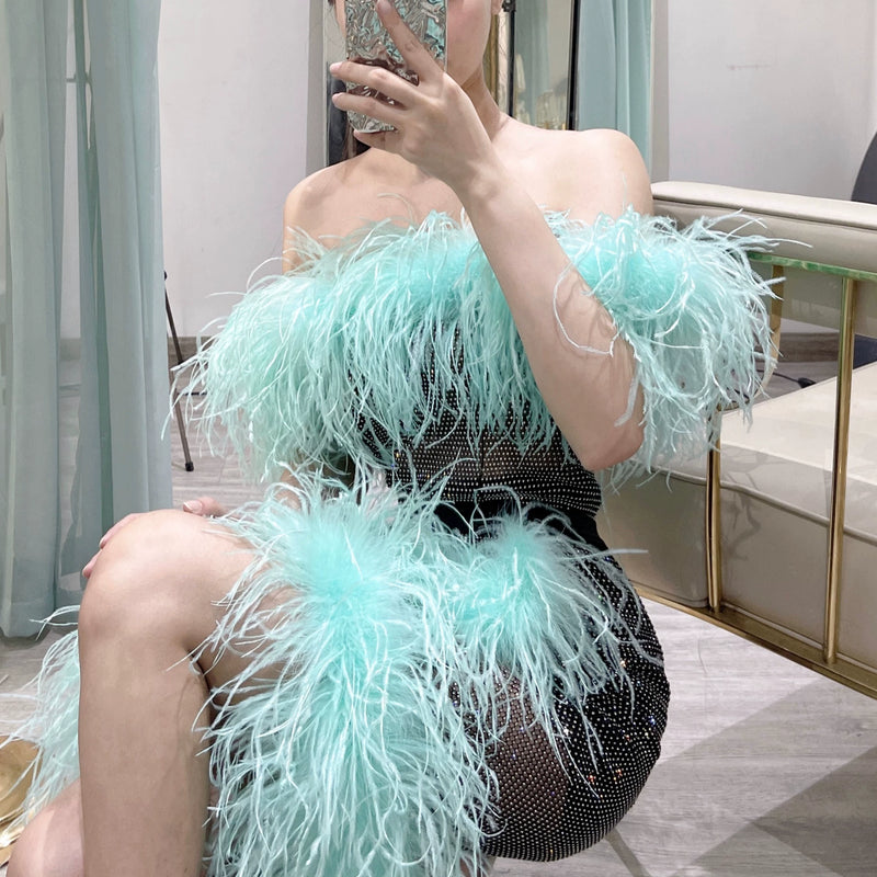 Mint blue-green haute couture heavy industry one-word collar rhinestone feathers ostrich hair tube top