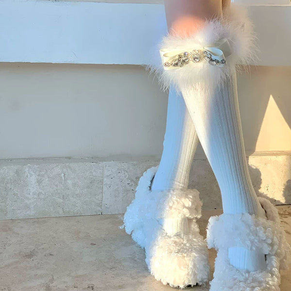 Fashion Niche Socks Full Diamond Hair Bow Medium Tube Socks Pure Desire Wind White Socks Christmas New Year Socks