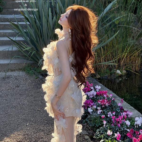 White slim and thin tube top dress split flower fairy long dress