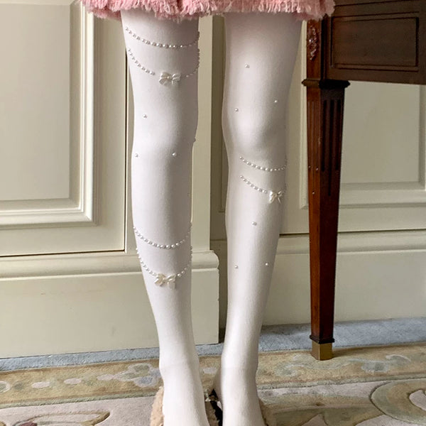 Fashion niche design pearl necklace Japanese jk white pantyhose women's milk white leggings