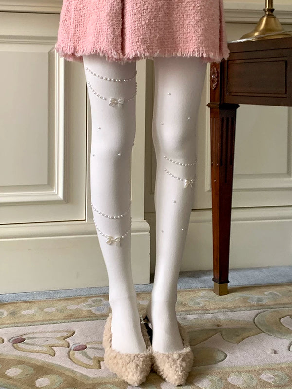 Fashion niche design pearl necklace Japanese jk white pantyhose women's milk white leggings