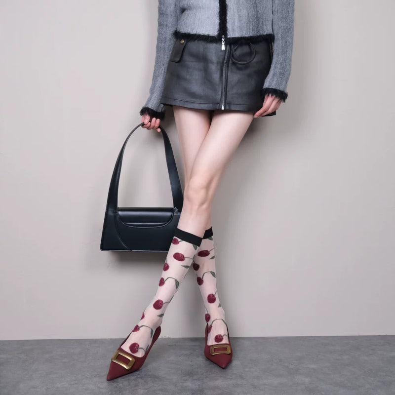 Cherry Free~ French Romantic Red Cherry Jacquard Multi-Color Skinny Calf Socks