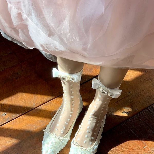 Fashion niche design bow pearl bright diamond jacquard breathable sweet ballet calf socks short tube socks