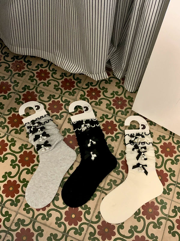 Fashion niche bow pearl pendant socks cute girl ballet summer stacking socks socks