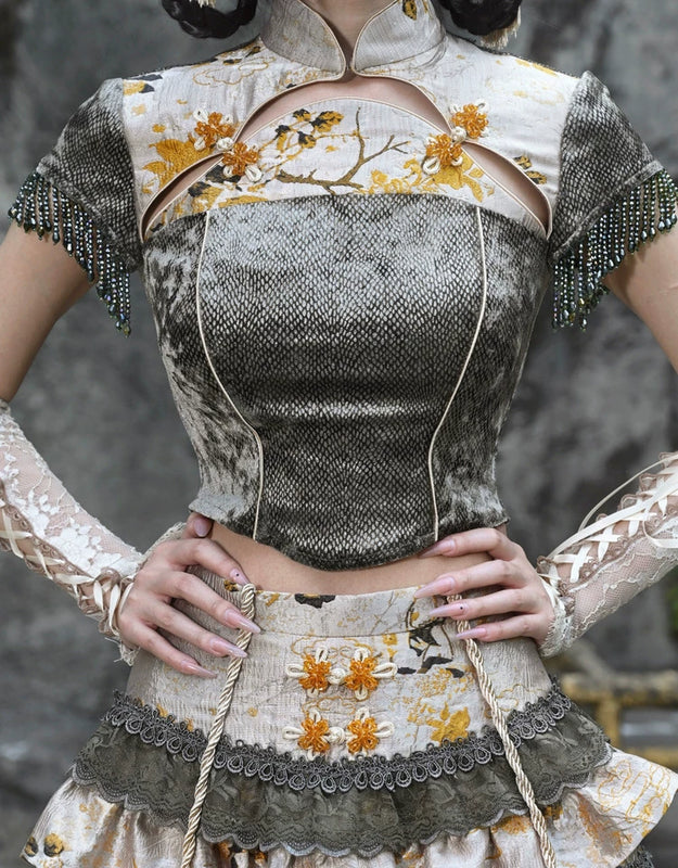 New chinoiserie jacquard snake print slimming tassel short sleeve cheongsam tops christmas halloween