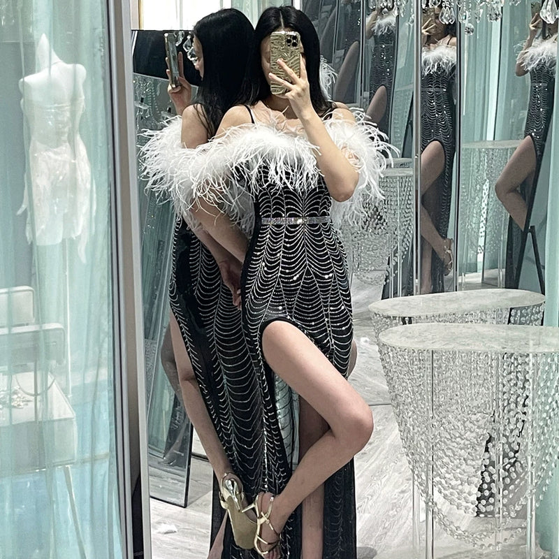 Full Body Hot Diamond Luxury Heavy Industry Ostrich Feather Feather, Extravagant Evening Dress Birthday Dress