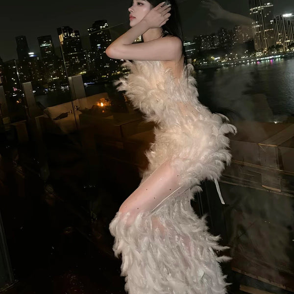 Sexy heavy-embellished feather bandeau maxi dress - sleeveless high-waisted white fairy evening gown/costume