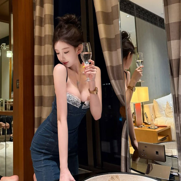 Pure Desire Wind Sexy Hot Girl Lace Splicing Strap Dress for Women in Summer Pure Sensation Slim Fit Waist Cowboy Bag Hip Skirt