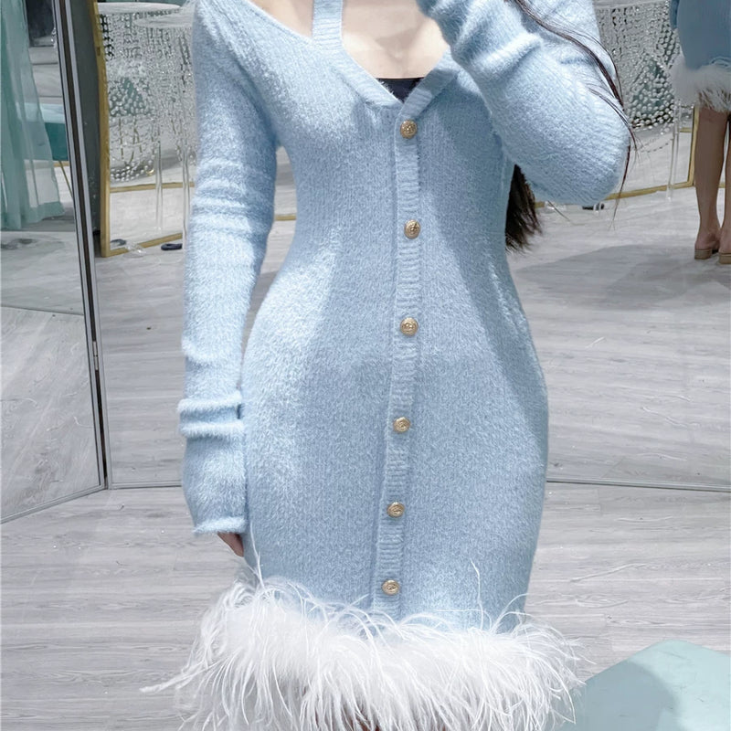 Original design baby blue mohair long-sleeved elastic knitted dress ostrich hair dress