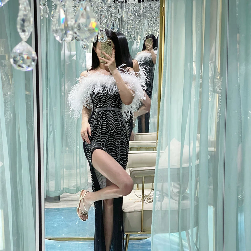 Full Body Hot Diamond Luxury Heavy Industry Ostrich Feather Feather, Extravagant Evening Dress Birthday Dress