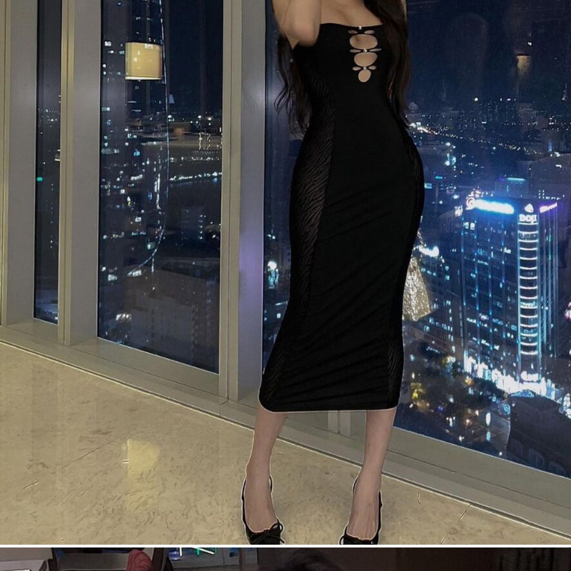 Temperament Celebrity Spice Girl Suspender Dress Pure Desire Royal Sister Black Skinny Mesh Perspective Splicing Hollow Medium Dress