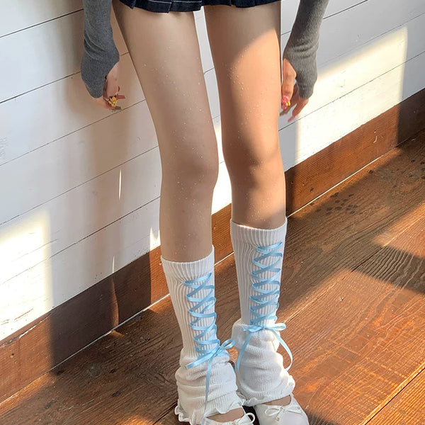 Fashion niche socks ballet ribbon bow calf socks sweet girl fashion pile socks