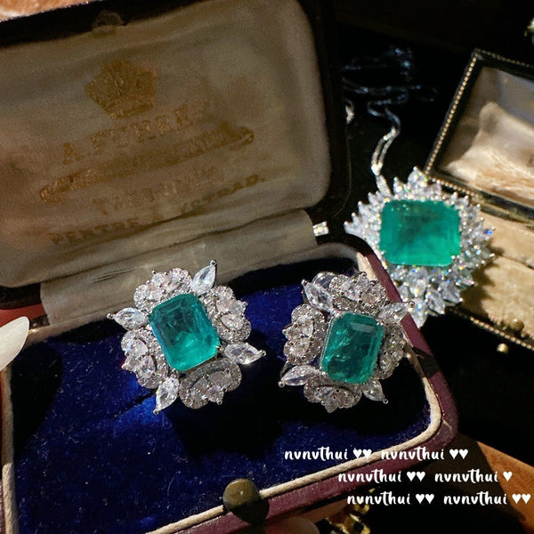 Mojito Emerald Flower Necklace Rich Lady's Happiness Peacock Green Snowflake Zircon Earrings