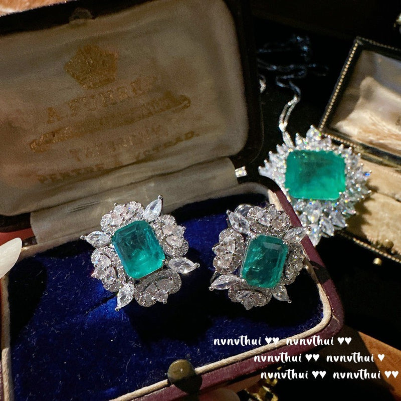 Mojito Emerald Flower Necklace Rich Lady's Happiness Peacock Green Snowflake Zircon Earrings