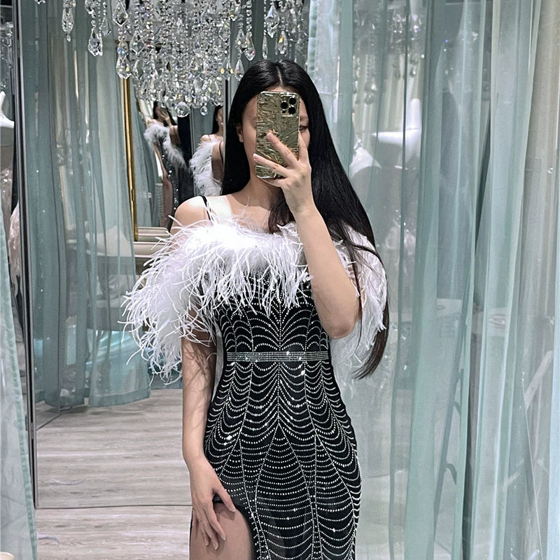 Full Body Hot Diamond Luxury Heavy Industry Ostrich Feather Feather, Extravagant Evening Dress Birthday Dress