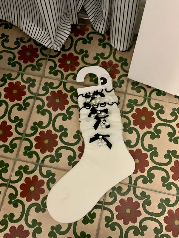 Fashion niche bow pearl pendant socks cute girl ballet summer stacking socks socks