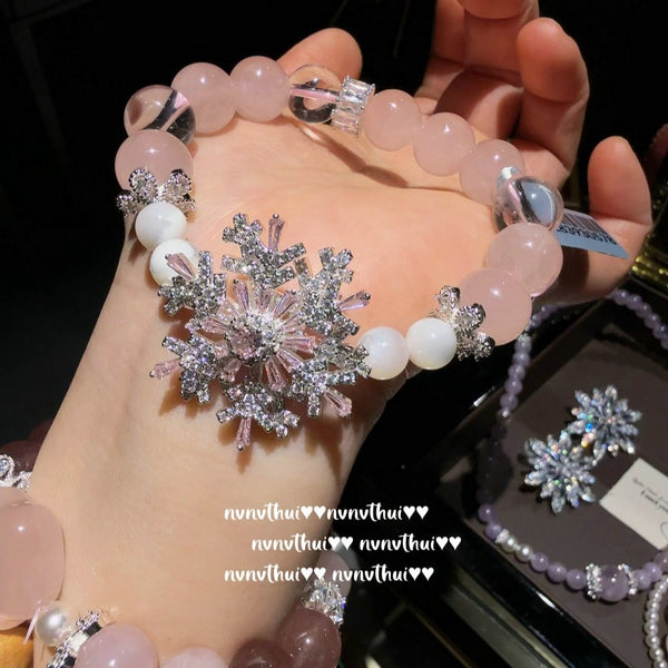 Gilded snow pollen crystal small waist bracelet with pink jade stars, lavender purple bracelet