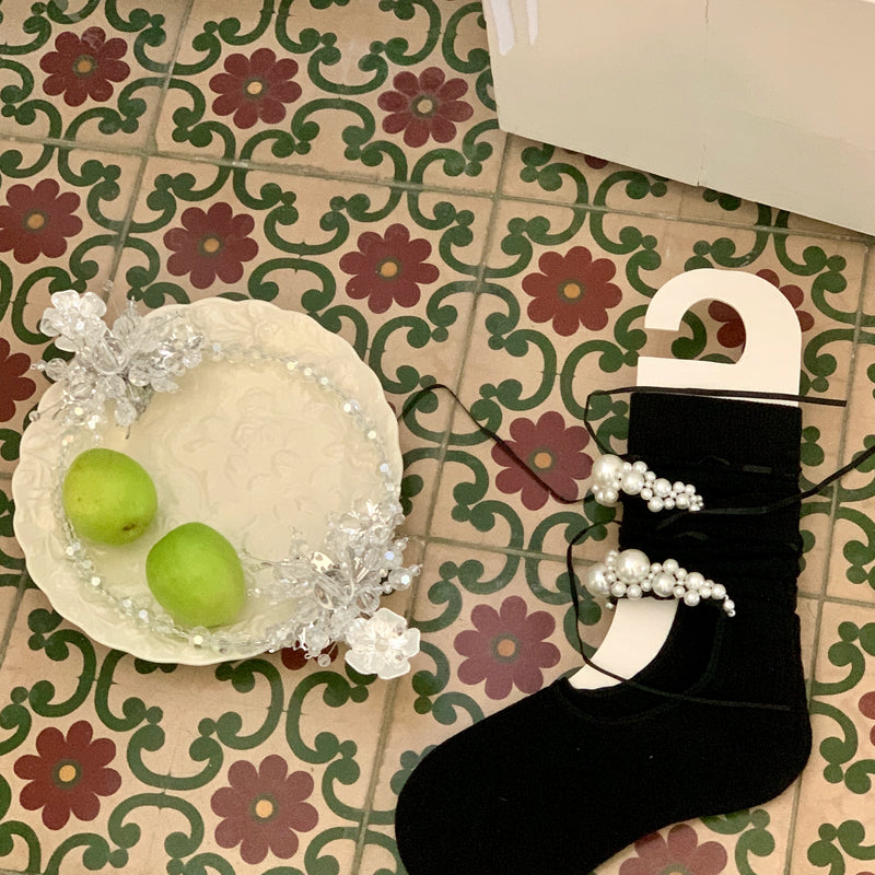 Fashion niche mid-tube socks hand-sewn heavy industry pearl hollow ins wind Japanese vertical strip cotton socks calf socks jk