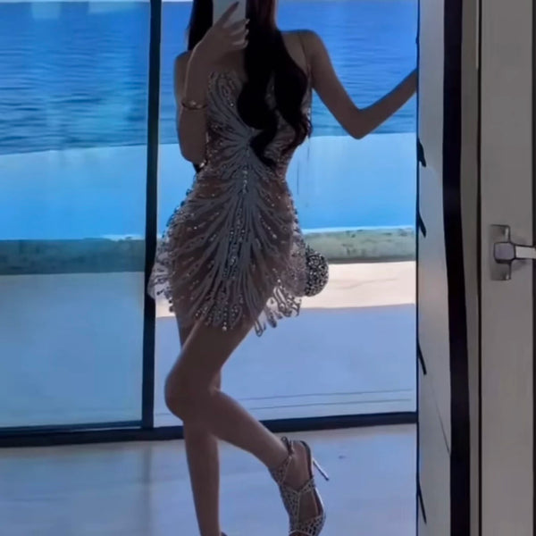 Gorgeous sequin dress women's tube top waist short skirt niche celebrity vacation birthday dress