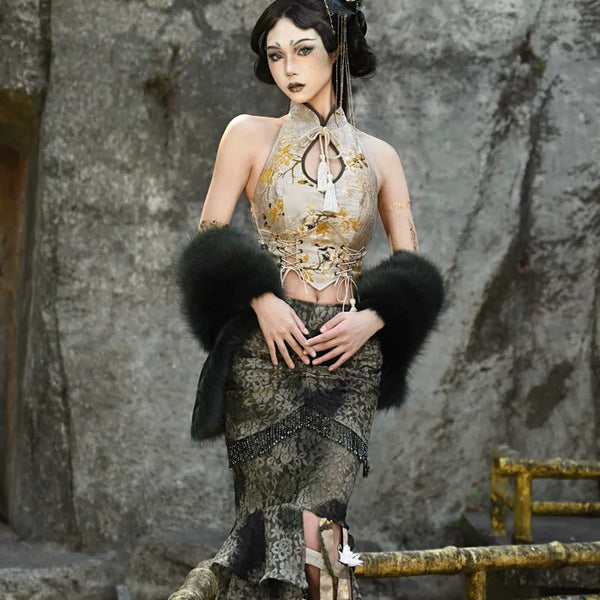 New chinoiserie button birdcage water drop collar cheongsam short tops christmas