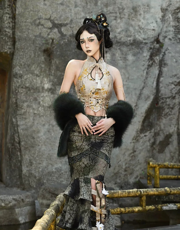 New chinoiserie button birdcage water drop collar cheongsam short tops christmas