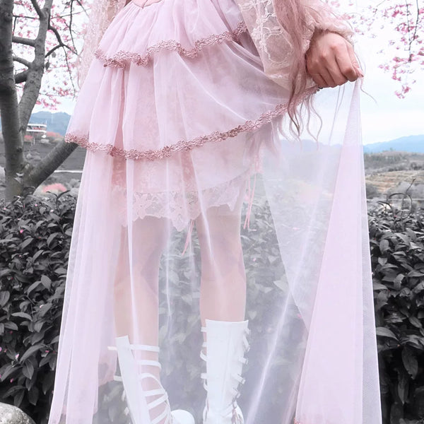 Original ◆ Sakura nightmare romantic gothic design embossed lotus root pink embroidered court half length skirt