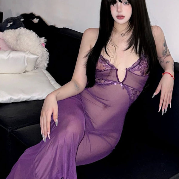 Pure Desire Wind Sexy Spicy Girl Purple Charm Lace Mesh Perspective Hip Wrapping Dress Temptation Perspective Low cut Long Dress