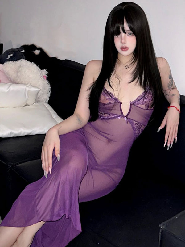 Pure Desire Wind Sexy Spicy Girl Purple Charm Lace Mesh Perspective Hip Wrapping Dress Temptation Perspective Low cut Long Dress