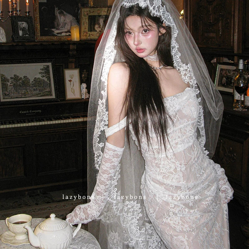 One-word shoulder dress femininity socialite birthday party light wedding dress fishbone waist lace hip-wrapped dress