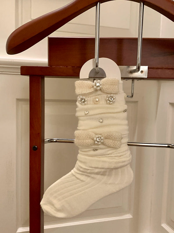 Fashion niche, knitted pearl big bow luxury exaggerated rhinestone thin vertical strip ballet knee socks