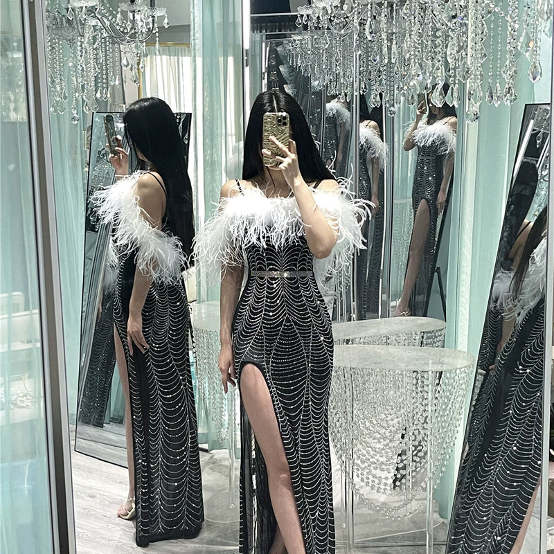 Full Body Hot Diamond Luxury Heavy Industry Ostrich Feather Feather, Extravagant Evening Dress Birthday Dress