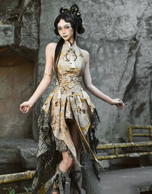 New Chinese style disc buckle jacquard lace trailing skirt Christmas