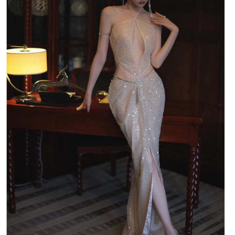 Spice Girl Sexy Sequins Neck Hollow Princess Birthday Party Dress Long Dress Noble Heavy Industry Split Skinny Dress