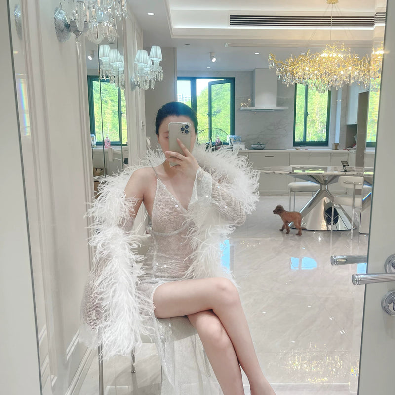 Muse Micro Transparent Crystal Sequins Ostrich Hair Sleeves High Slits Long Skirt Set Light Wedding Dress Skirt