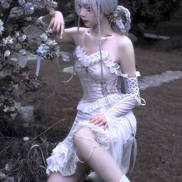 God's redemption white goth drawstring lace mesh dark suspender dress summer