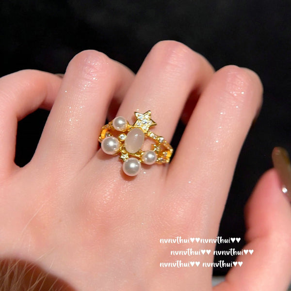 Vintage Star Jade Marrow Starry Sky Gem Ring Vintage Brushed Bow Zircon Necklace