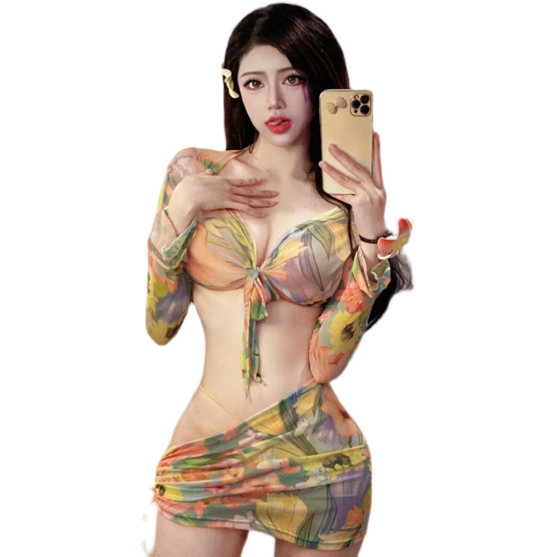 Girl age reduction sweet sexy print mesh triangle bikini suit gathering skirt cut men's swimsuit suit