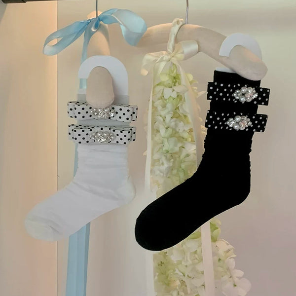 Fashion niche design polka dot bow pearl bright diamond breathable sweet ballet calf socks short tube socks