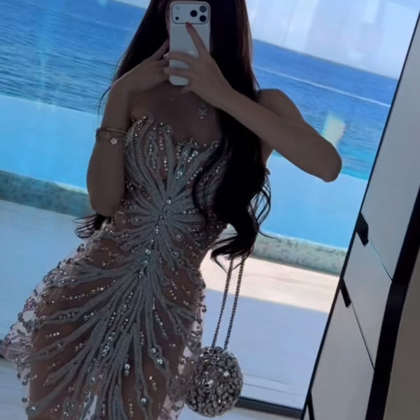 Gorgeous sequin dress women's tube top waist short skirt niche celebrity vacation birthday dress