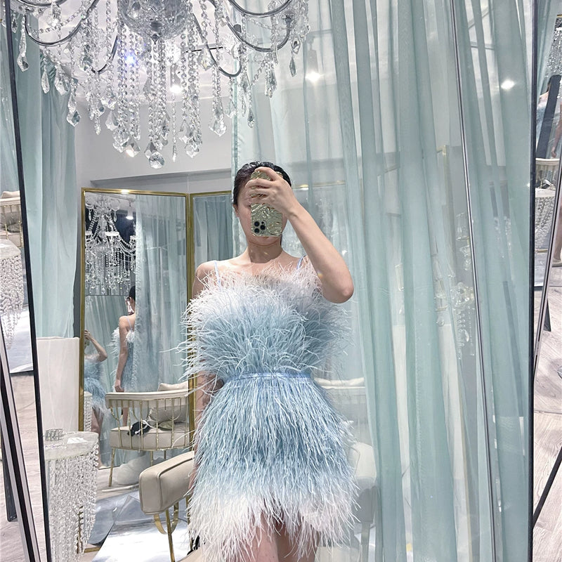 Thousand gold sense of design white swan birthday party heavy industry feather ostrich feather accessible luxury evening dress dress
